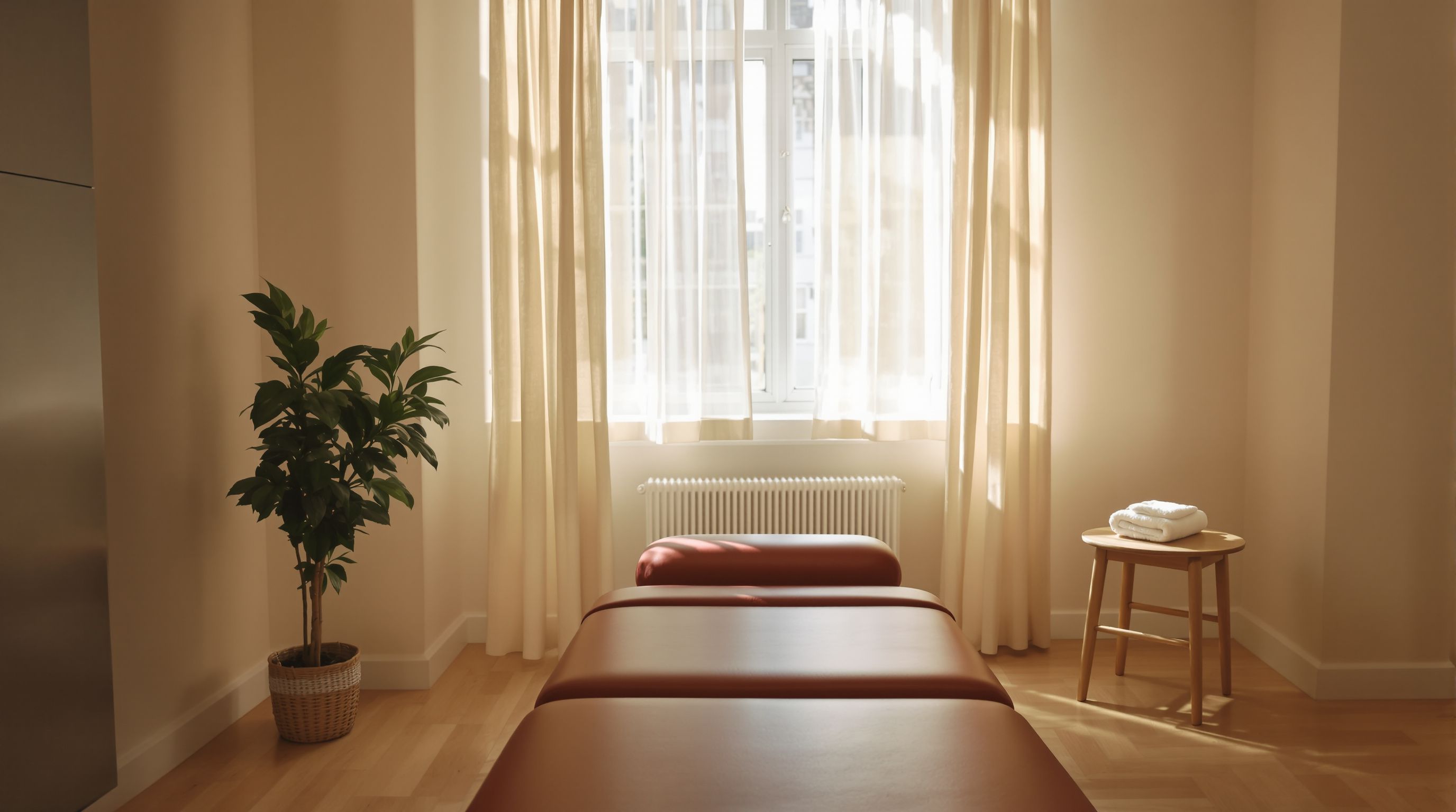 An empty treatment room with a padded table beside a sunlit window